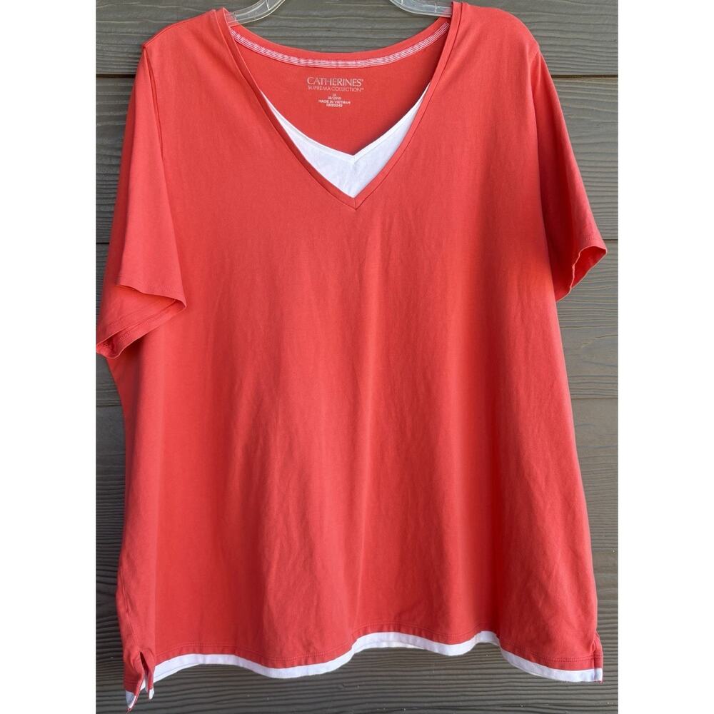 Catherines Suprema Coral And White Short Sleeve Knit Top Size 1X